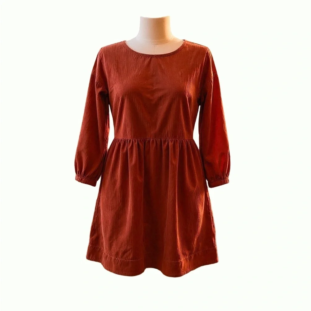 Madewell Corduroy Puff Sleeve Mini Dress Rust Red XXS Cottagecore Babydoll